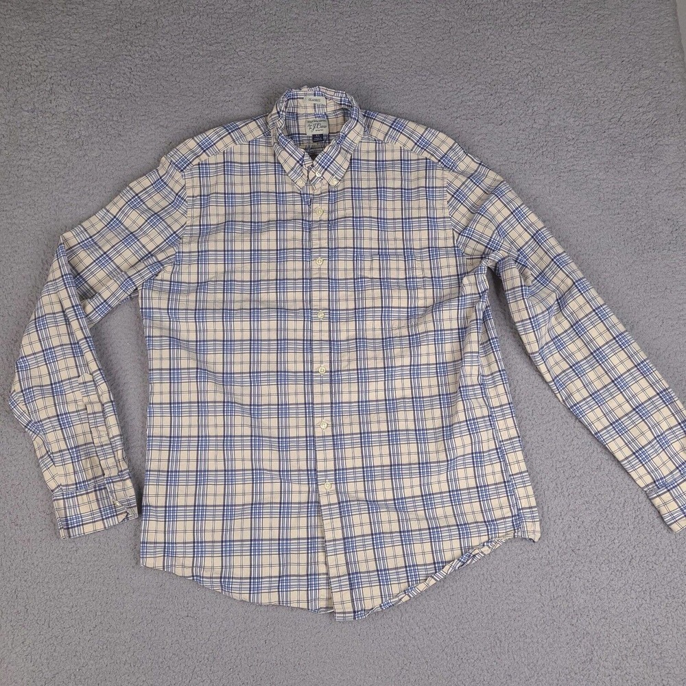 J Crew Shirt‎ Mens XL Beige Blue Plaid Button Down Classic Stretch Long Sleeve